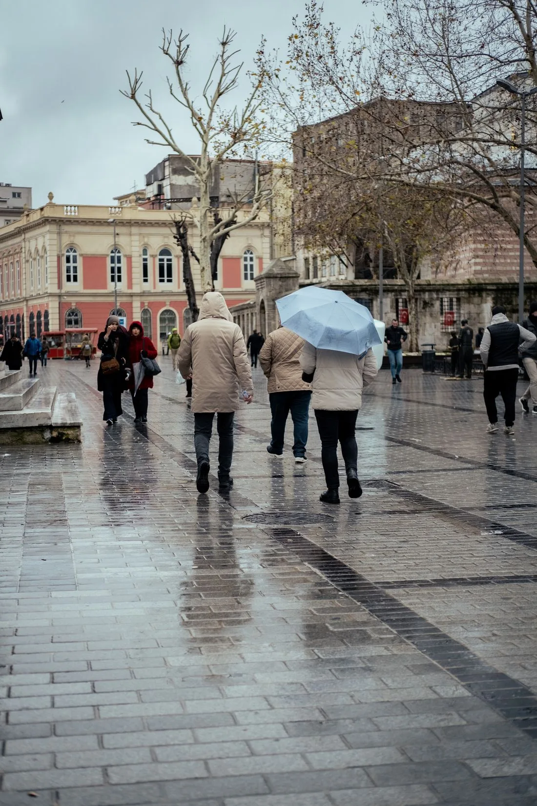 People carrying umbrellas on a wet city street